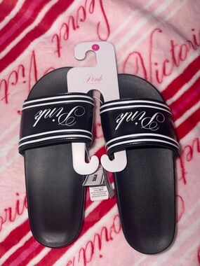 PINK Victoria's Secret Black Slide Sandals with White Logo